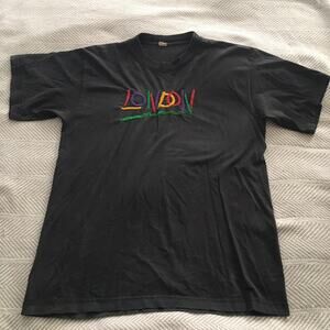 Embroidered London T Shirt Vintage Typography Faded Black Distressed Sz Medium